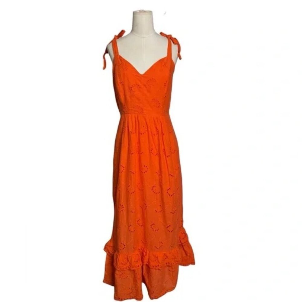 TAYLOR - Orange Eyelet Midi Dress – Tie Strap Sundress, Ruffle Hem, Summer Boho - Picture 2 of 6